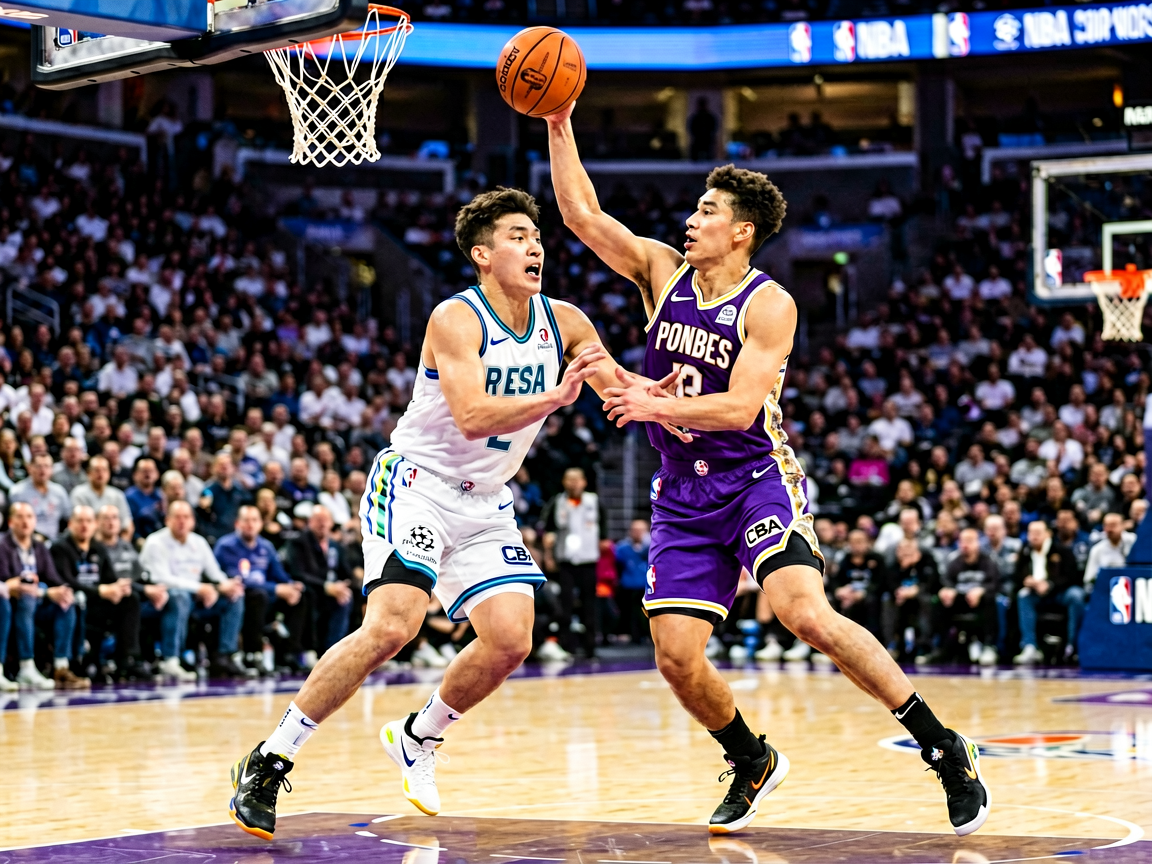 NBA篮球比赛现场，球员激烈对抗的精彩画面
